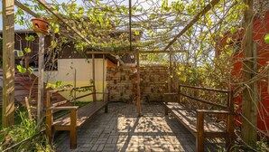 Una pérgola de madera con plantas trepadoras, un patio de ladrillo y bancos de madera.