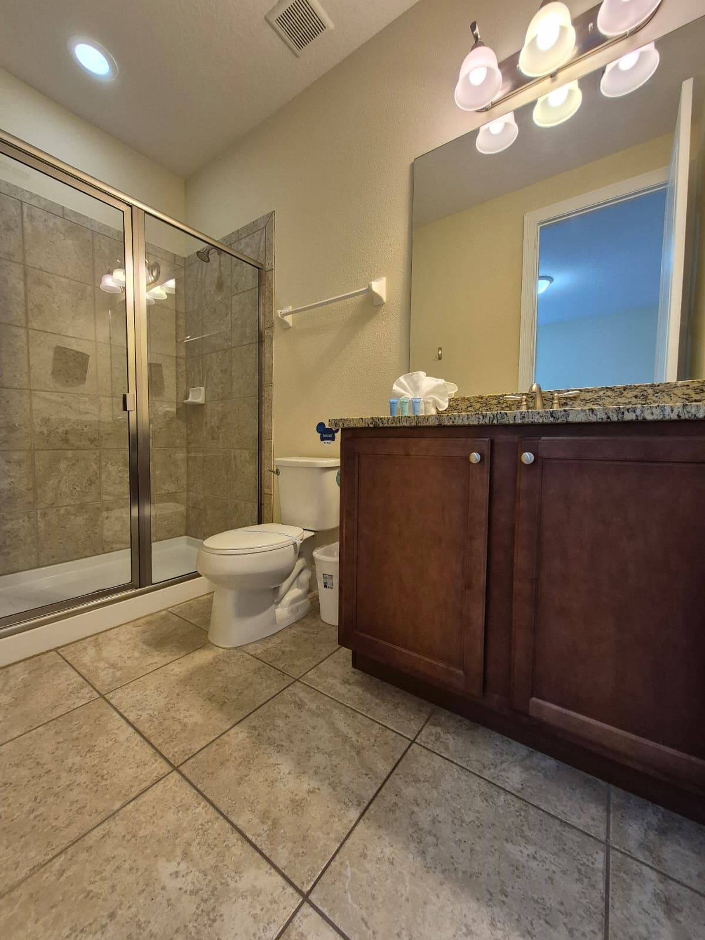 A modern bathroom with a glass-enclosed shower, a toilet, and a vanity with a mirror.