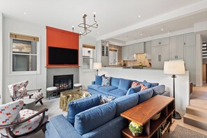 Smart TV, fireplace, books