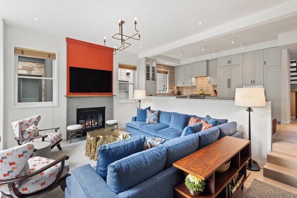 Smart TV, fireplace, books