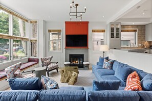 Smart TV, fireplace, books