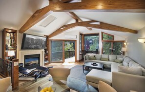 Smart TV, fireplace, DVD player, books