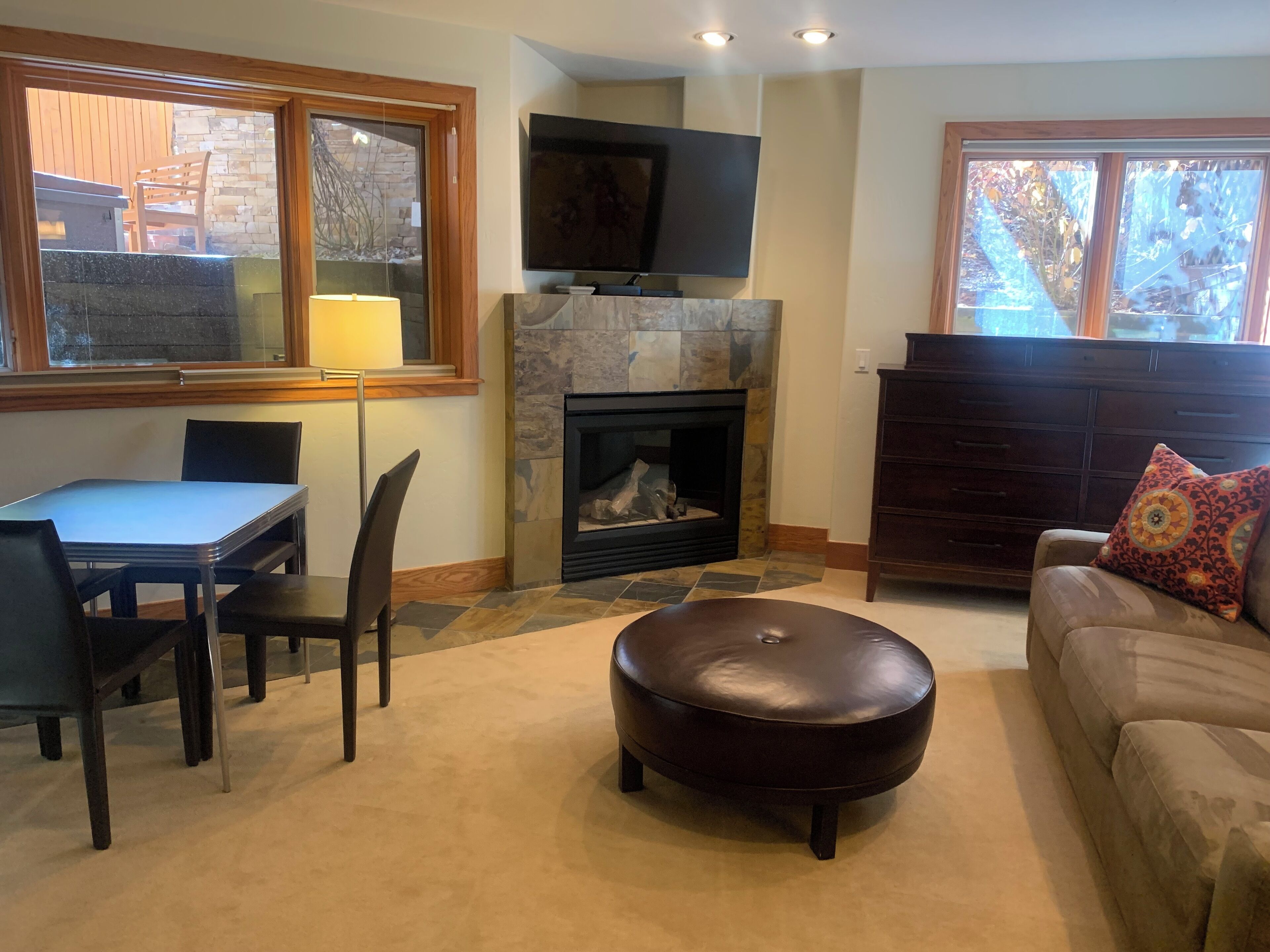 TV connectée, cheminée, lecteur de DVD, livres