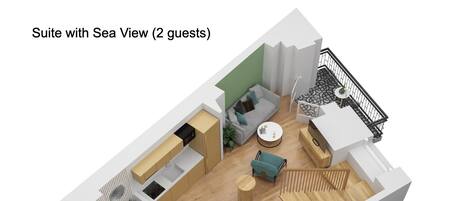 Suite para 2 personas con vista al mar, que incluye sala de estar, cocina y balcón.
