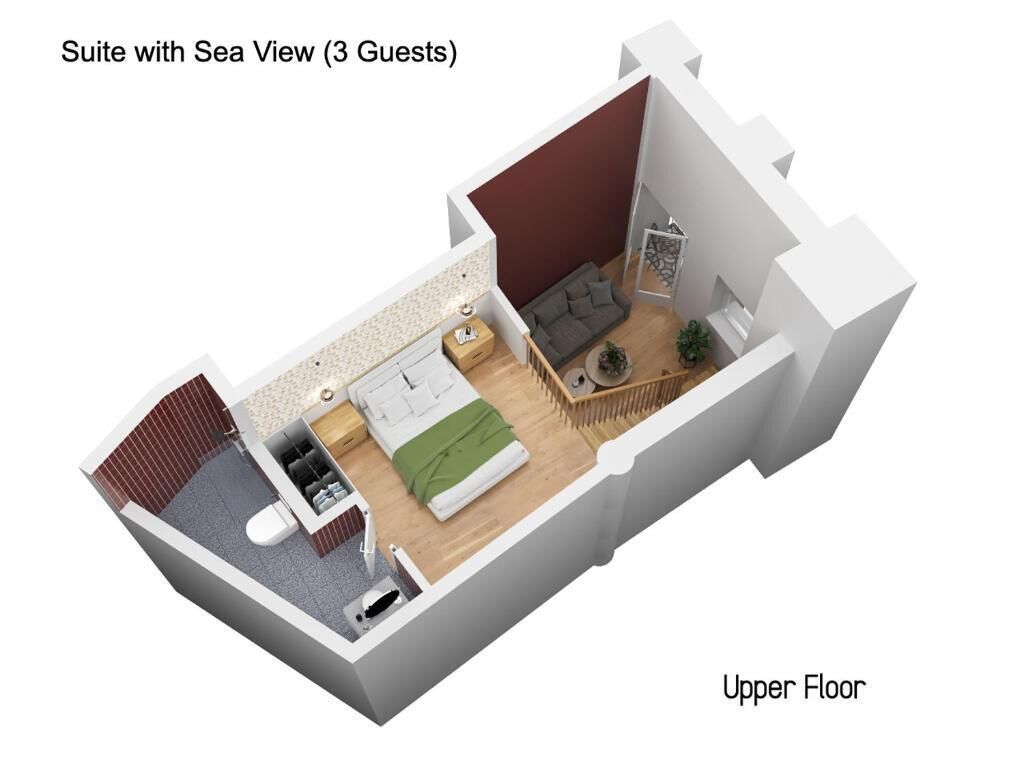 A 3-guest suite with a sea view on the upper floor, including a bathroom, living area, and a small balcony.