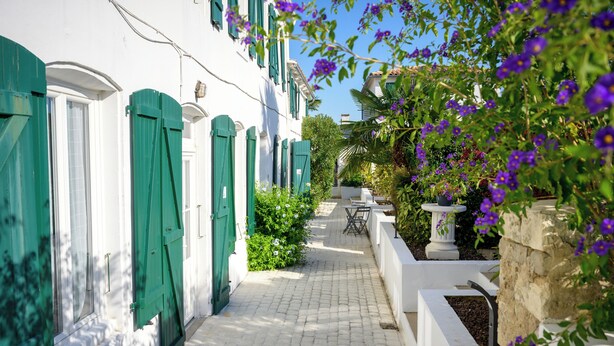 A narrow cobblestone pathway flanked by white buildings with green shutters.