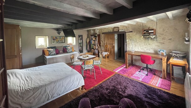 Une pièce confortable avec un lit, un bureau, une chaise et une bibliothèque.