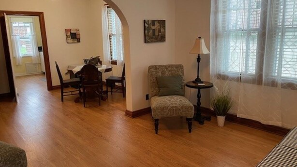 A living room with a wooden floor, a dining area with a table and chairs, a patterned armchair, a small table with a lamp, and a potted plant. - Charming 2-bedroom house in fabulous downtown Hermann (Hermann)