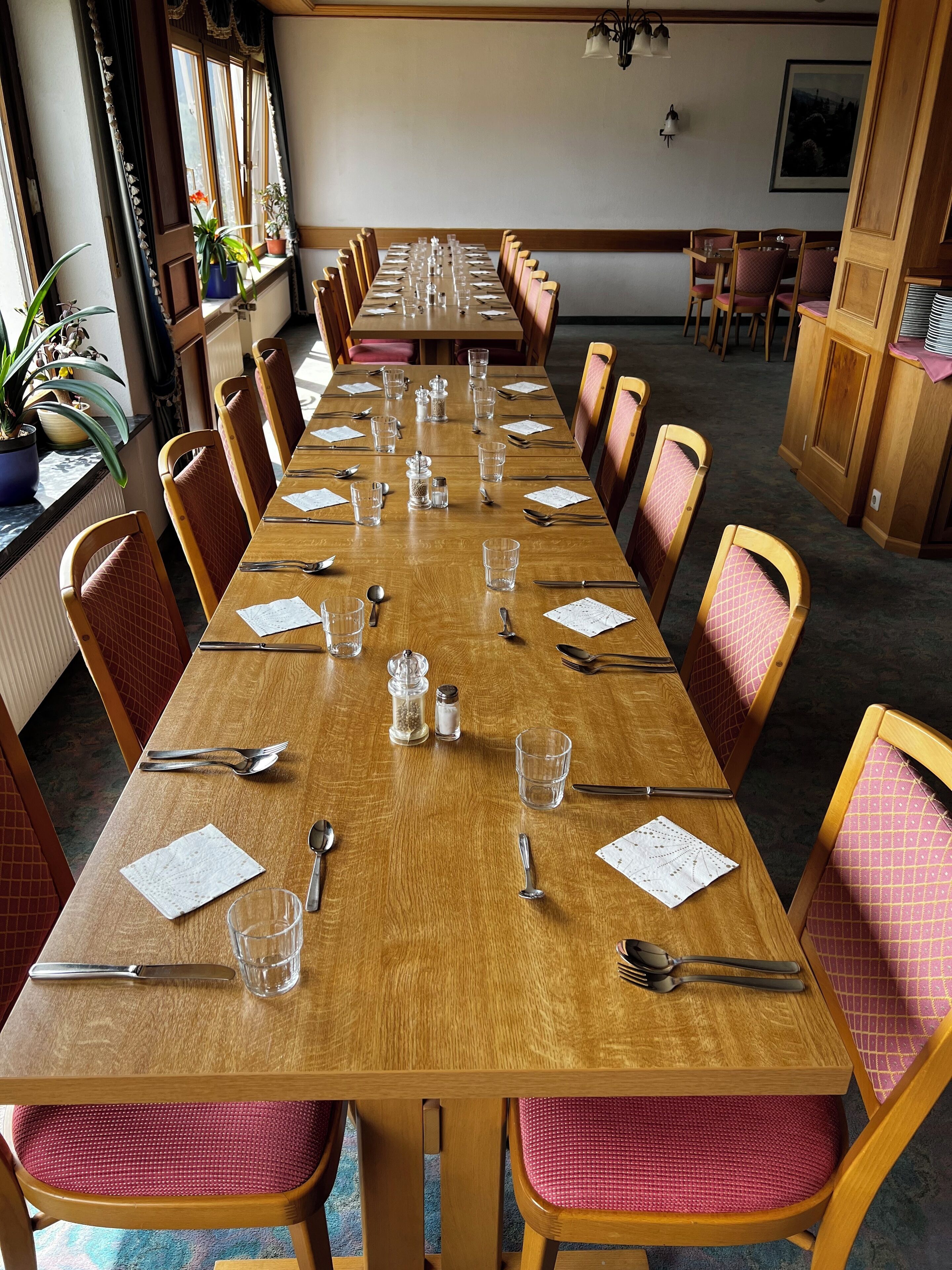 A long wooden dining table set with chairs, glasses, cutlery, and condiments, in a room with wooden paneling and a window with curtains.