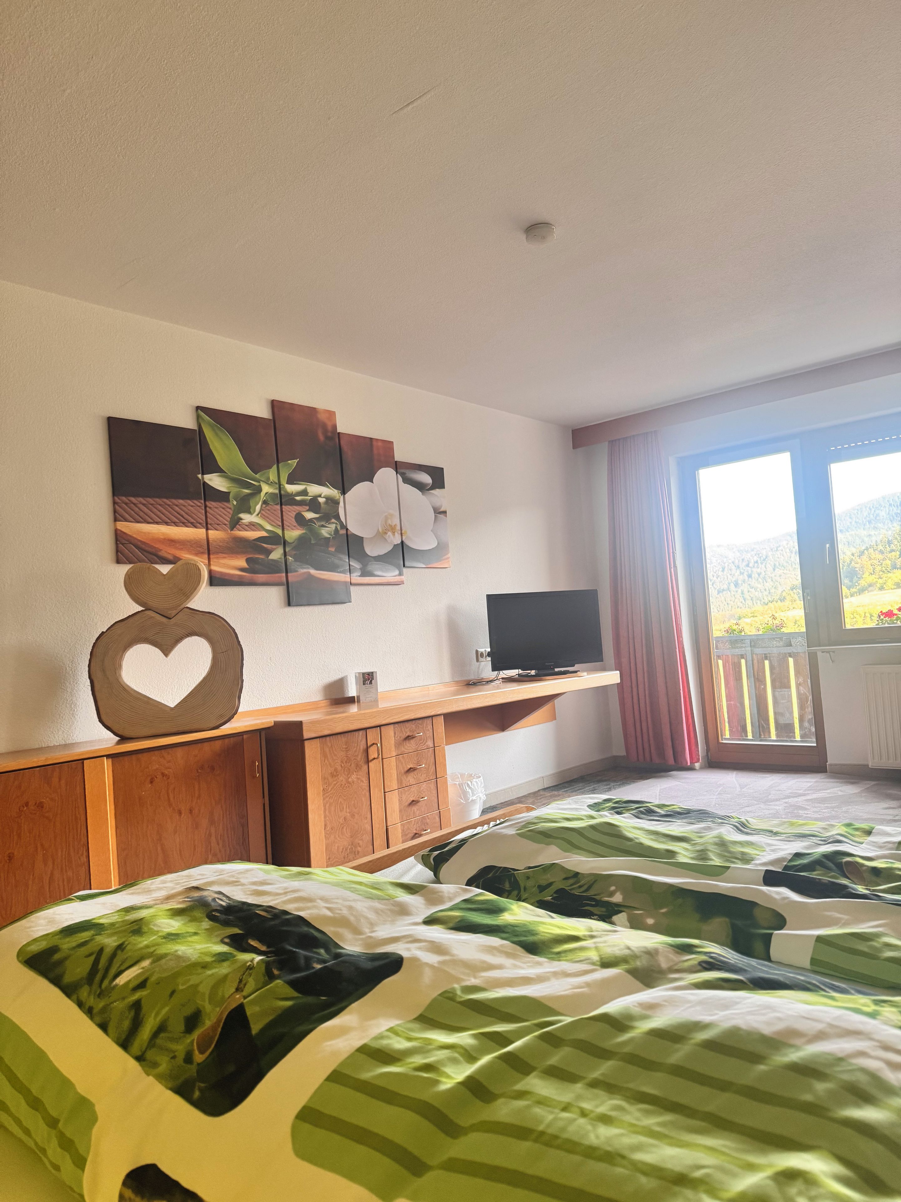 Un dormitorio con cama, escritorio con televisor, obra de arte en la pared y ventana con vistas.