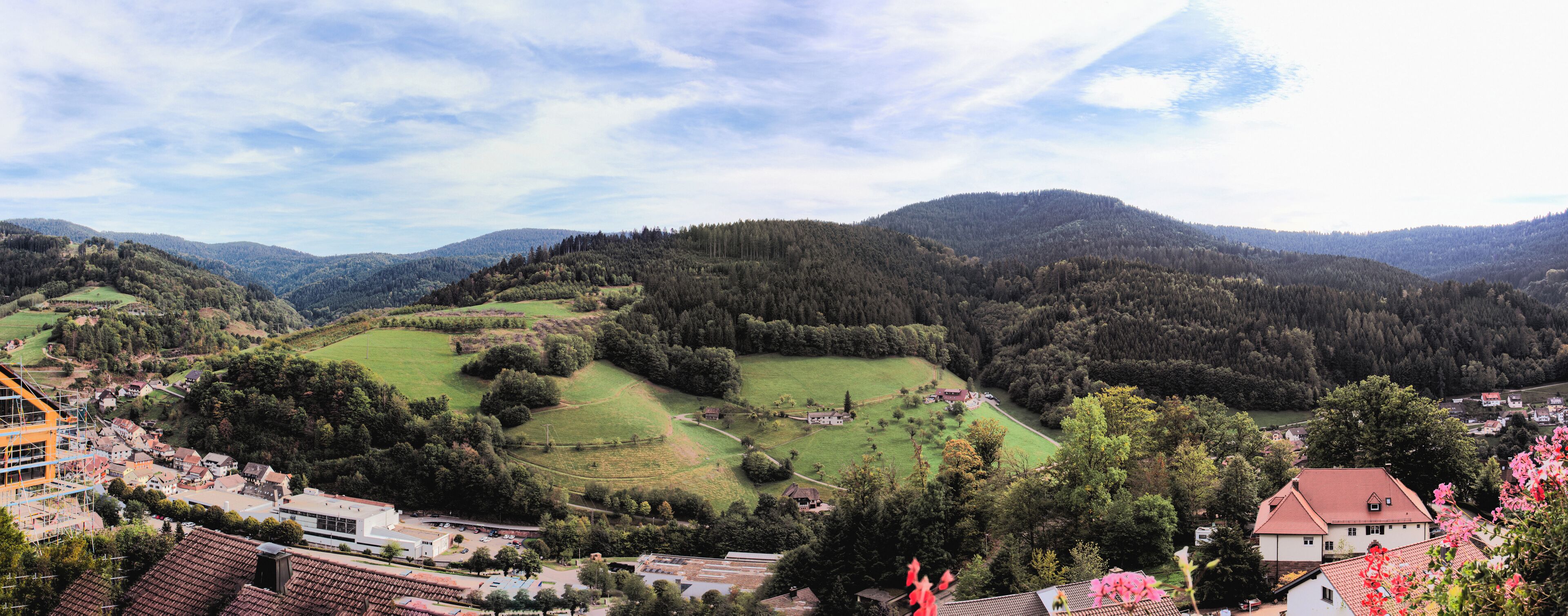 A panoramic view of a valley with houses, green fields, and forested hills.