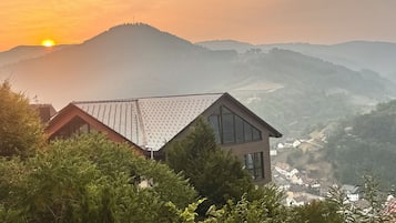A house with a sloped roof and large windows, surrounded by dense greenery and hills in the background.