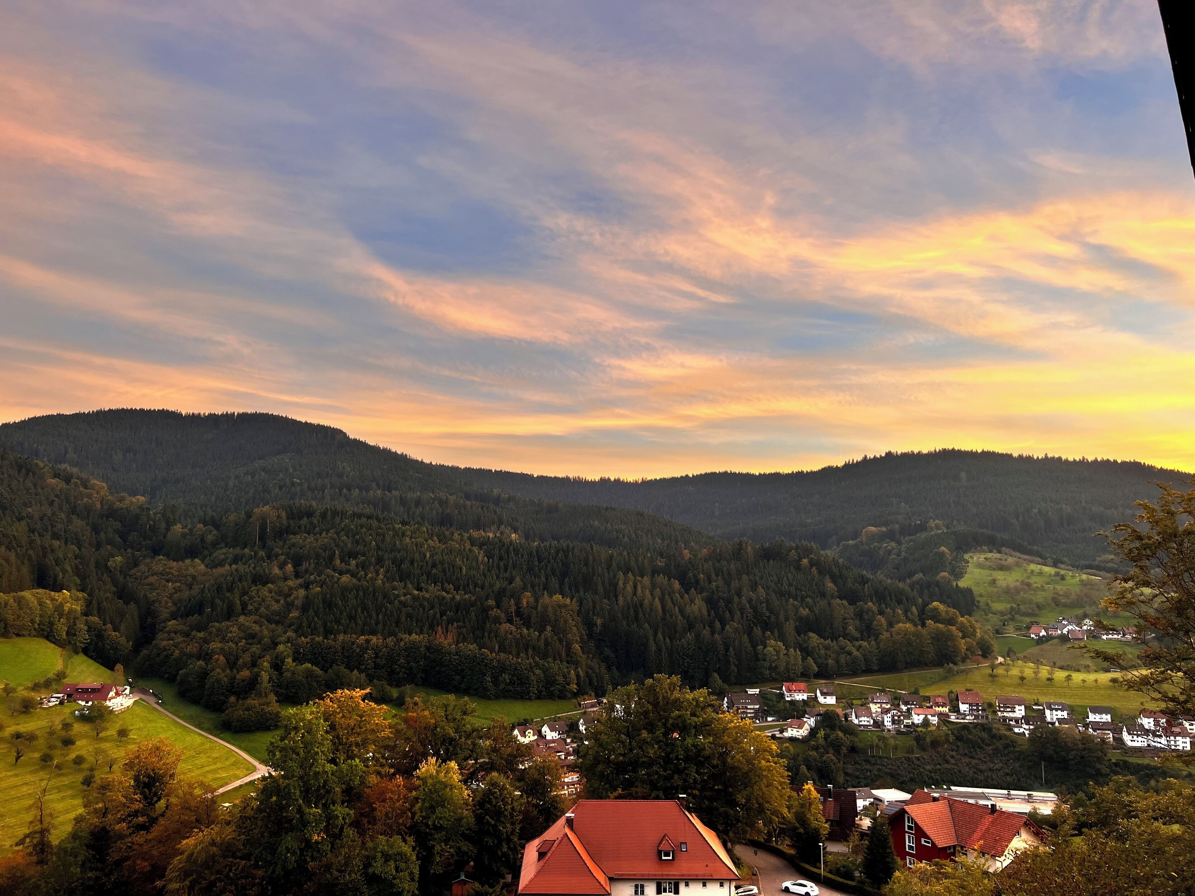 A rural landscape with a village, houses, and forested hills.