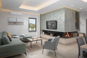 TV connectée, cheminée, chaîne hi-fi