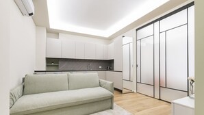 A modern, minimalist living room with a sofa, a kitchen area, and a sliding door closet.