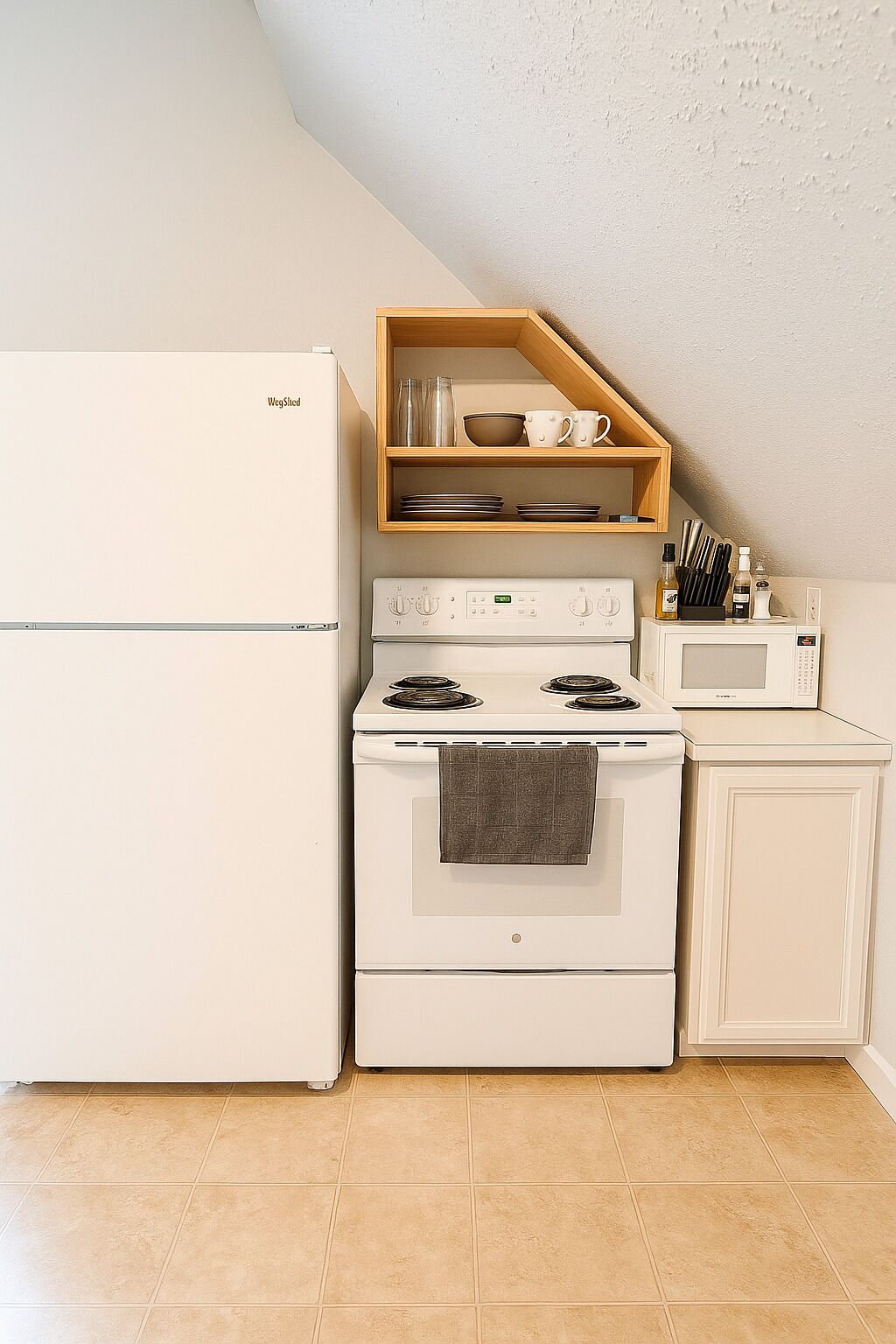 A kitchen with a white refrigerator, stove, microwave, and a wooden shelf above the stove.