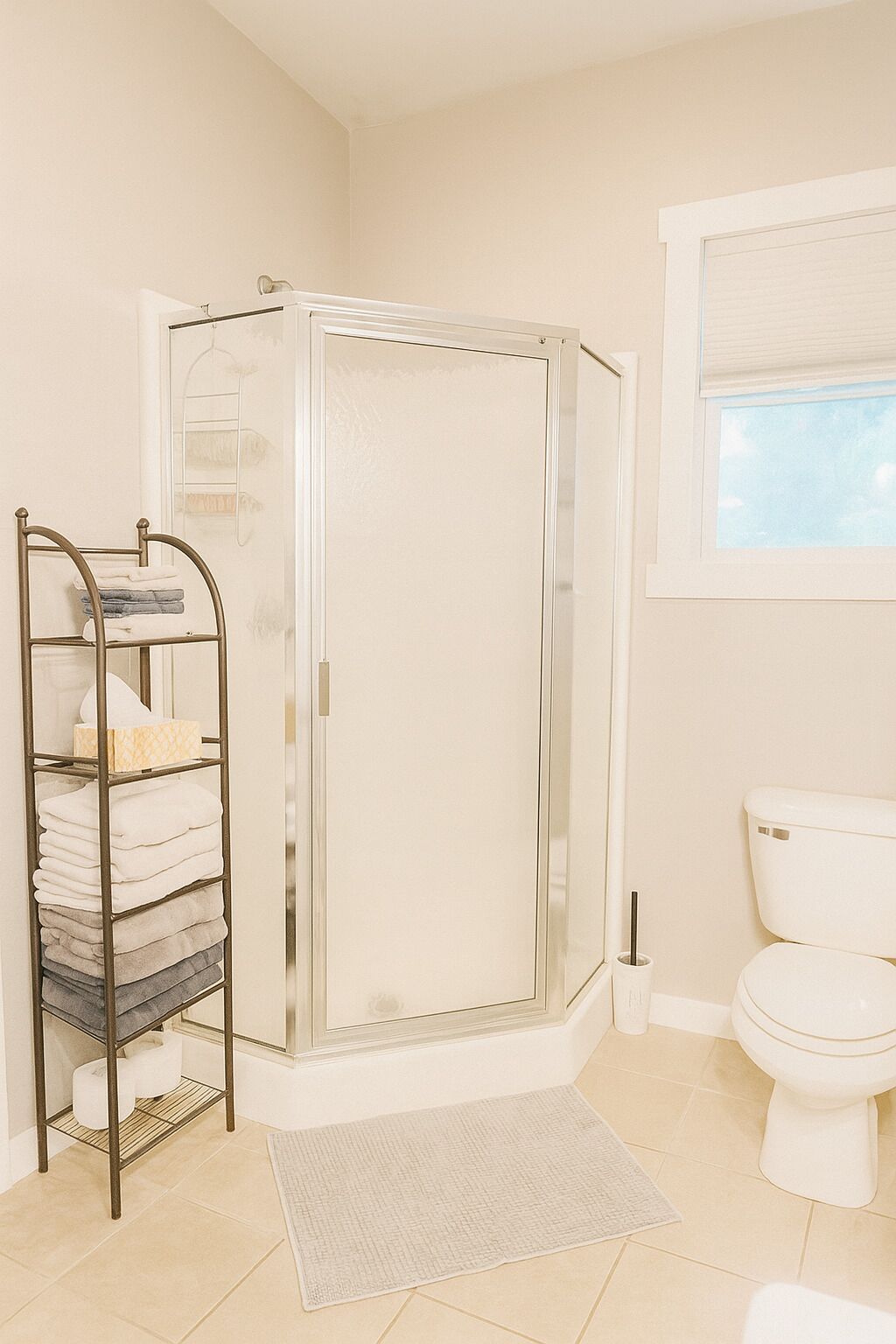 Shower, towels, soap, toilet paper