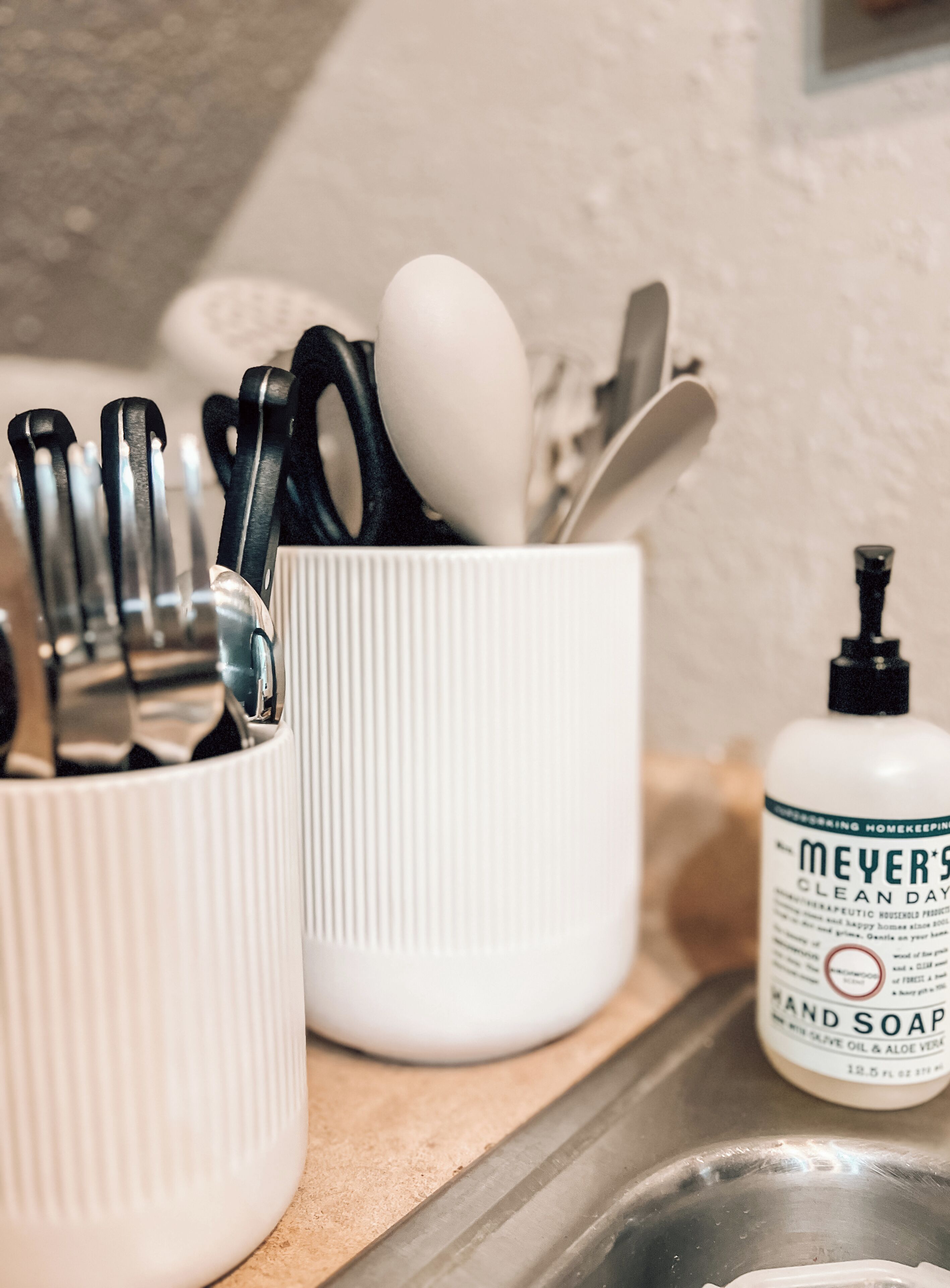 Un angolo cottura con un lavandino, un dispenser di sapone bianco, una tazza bianca con utensili e un contenitore metallico.