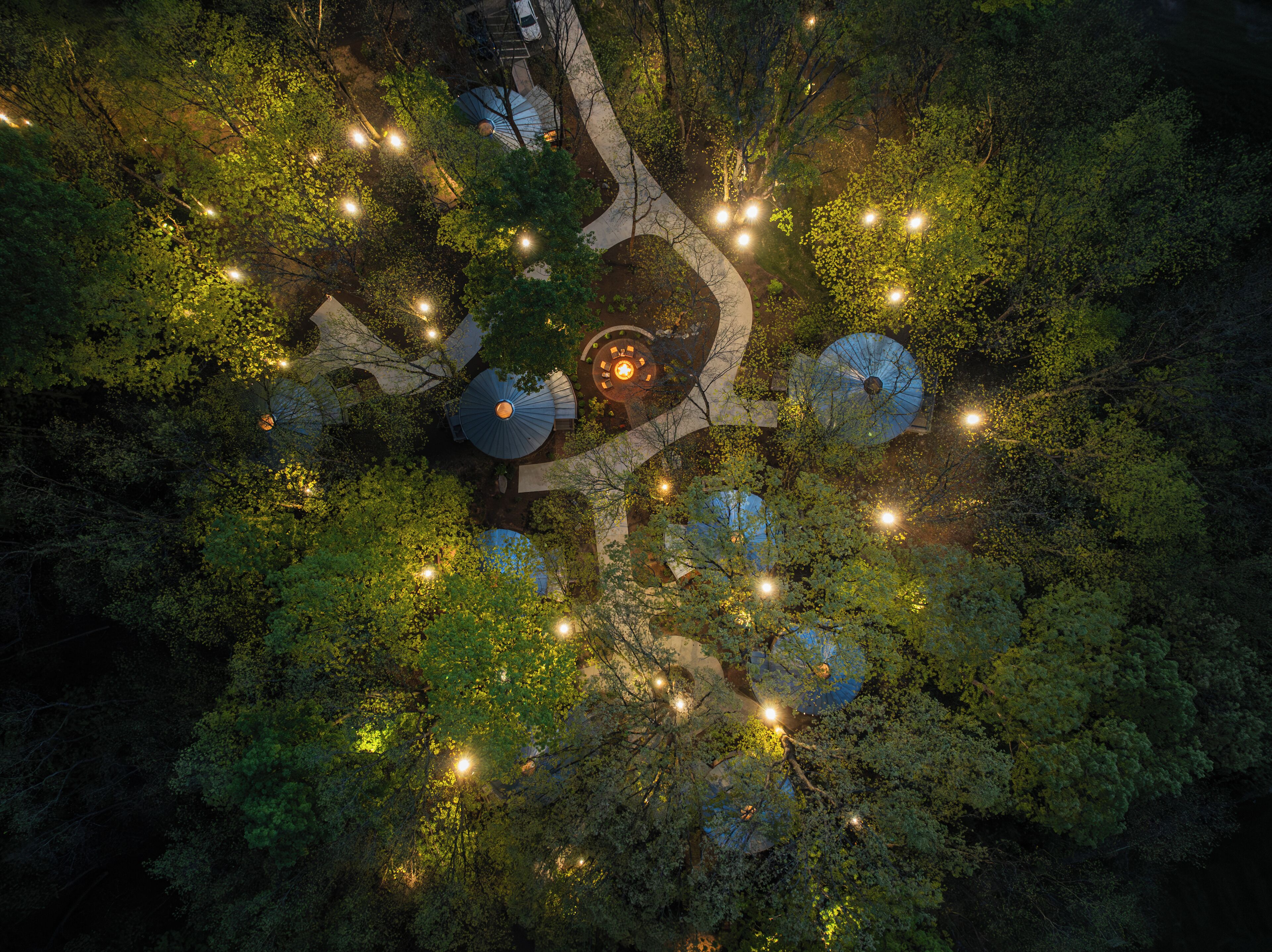 An aerial view of a treehouse complex with multiple levels connected by bridges, surrounded by dense foliage.