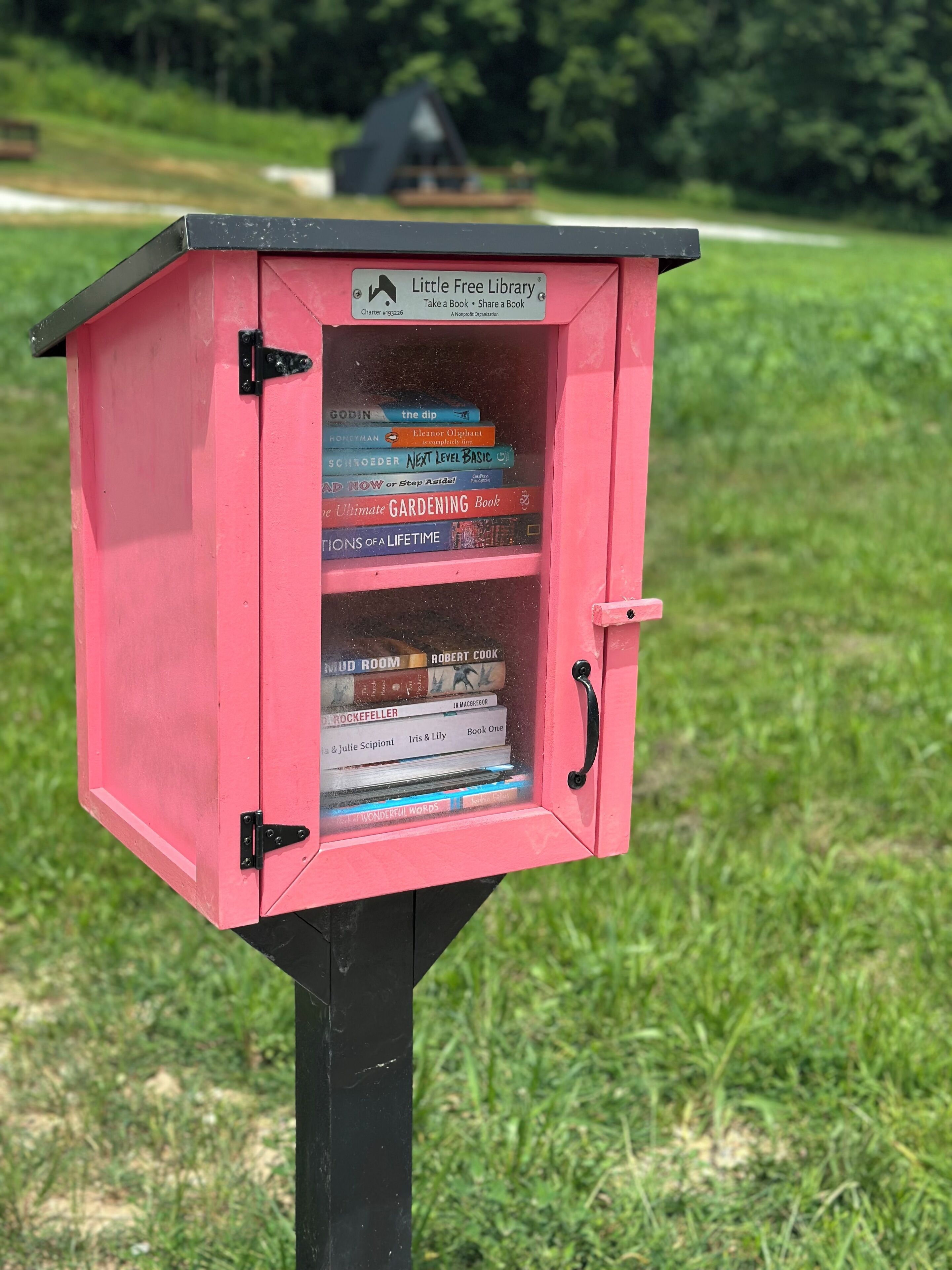 Una estantería roja con un cartel que dice 'Little Free Library' en un área con césped.