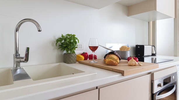 A modern kitchen with a stainless steel sink, a wooden countertop, a potted plant, a glass of red wine, a loaf of bread, and a garlic bulb. - Italianway - Bramante 29 (Milan)