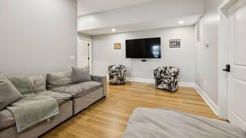 Smart TV, fireplace, books