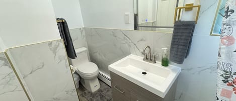 Un baño con inodoro, lavabo y espejo.