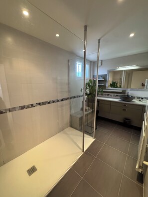 Shower, hair dryer, towels, soap