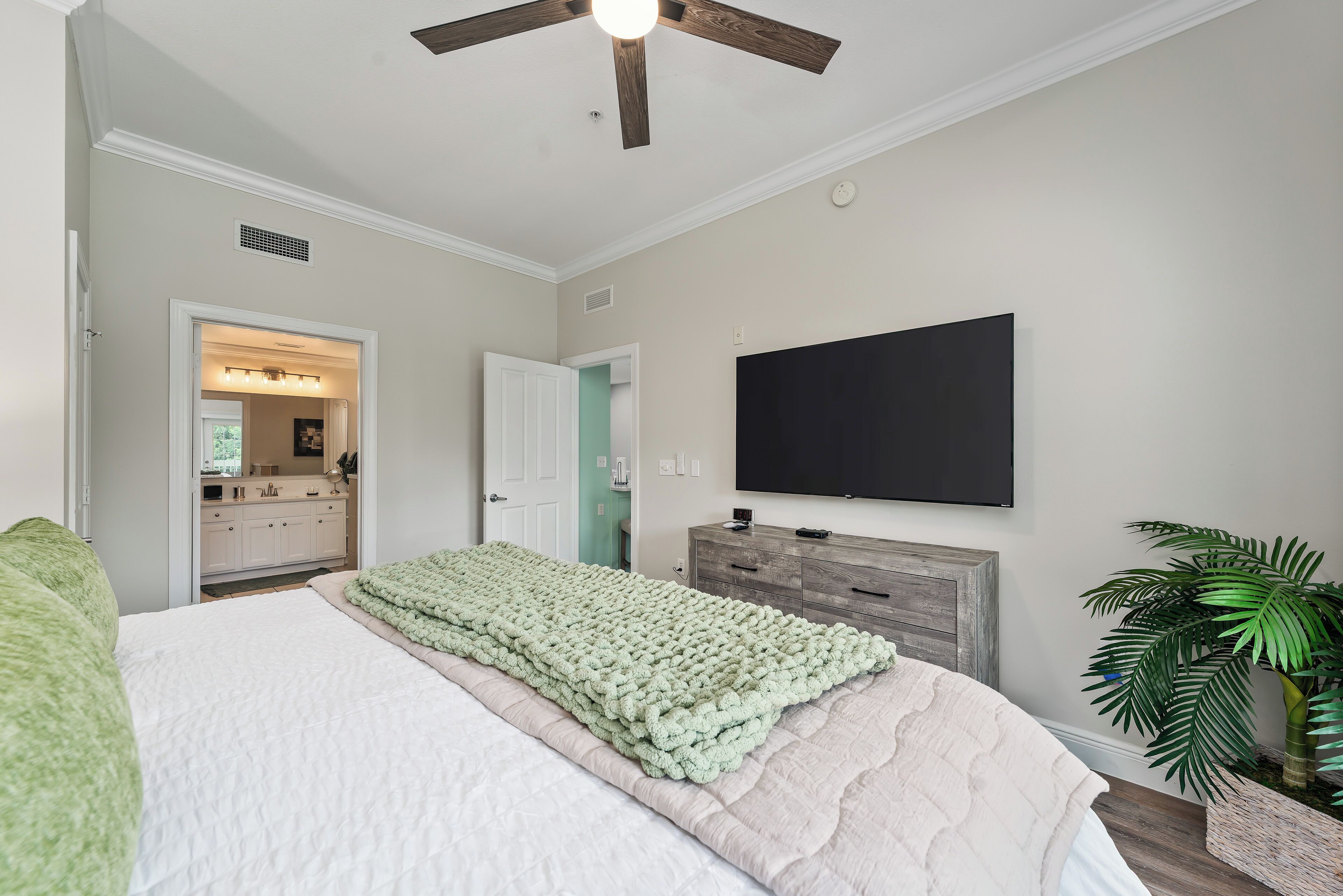 Un dormitorio con cama, cómoda, televisor y planta.