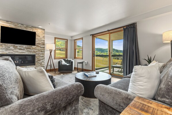 テレビ、暖炉、書庫