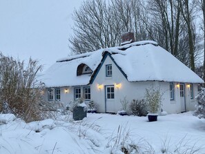 Une maison recouverte de neige, avec un toit de chaume, de nombreuses fenêtres et une cheminée.