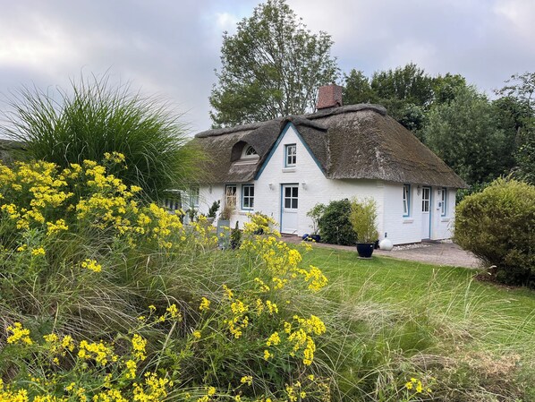 Une maison blanche au toit de chaume, entourée de verdure et de fleurs jaunes.