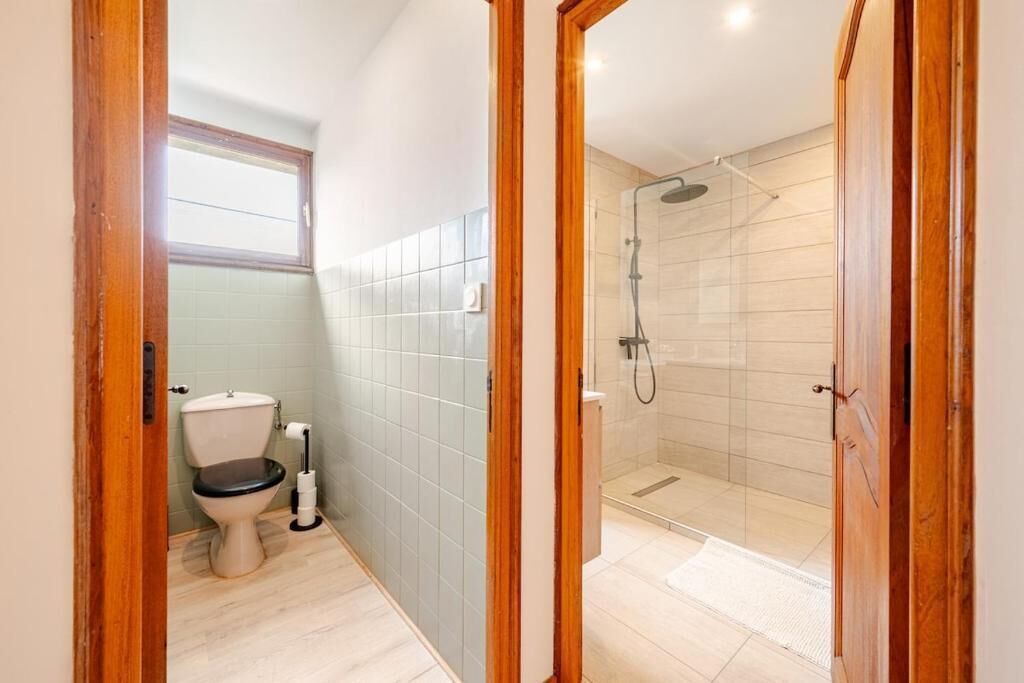 A bathroom with a toilet, a shower, and a window.