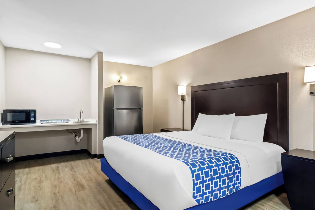 A hotel room with a bed, a desk with a microwave, a refrigerator, and a nightstand.