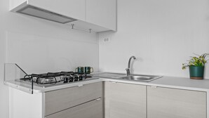 Une cuisine moderne équipée d’une cuisinière à gaz, d’un évier en acier inoxydable et d’une plante en pot.