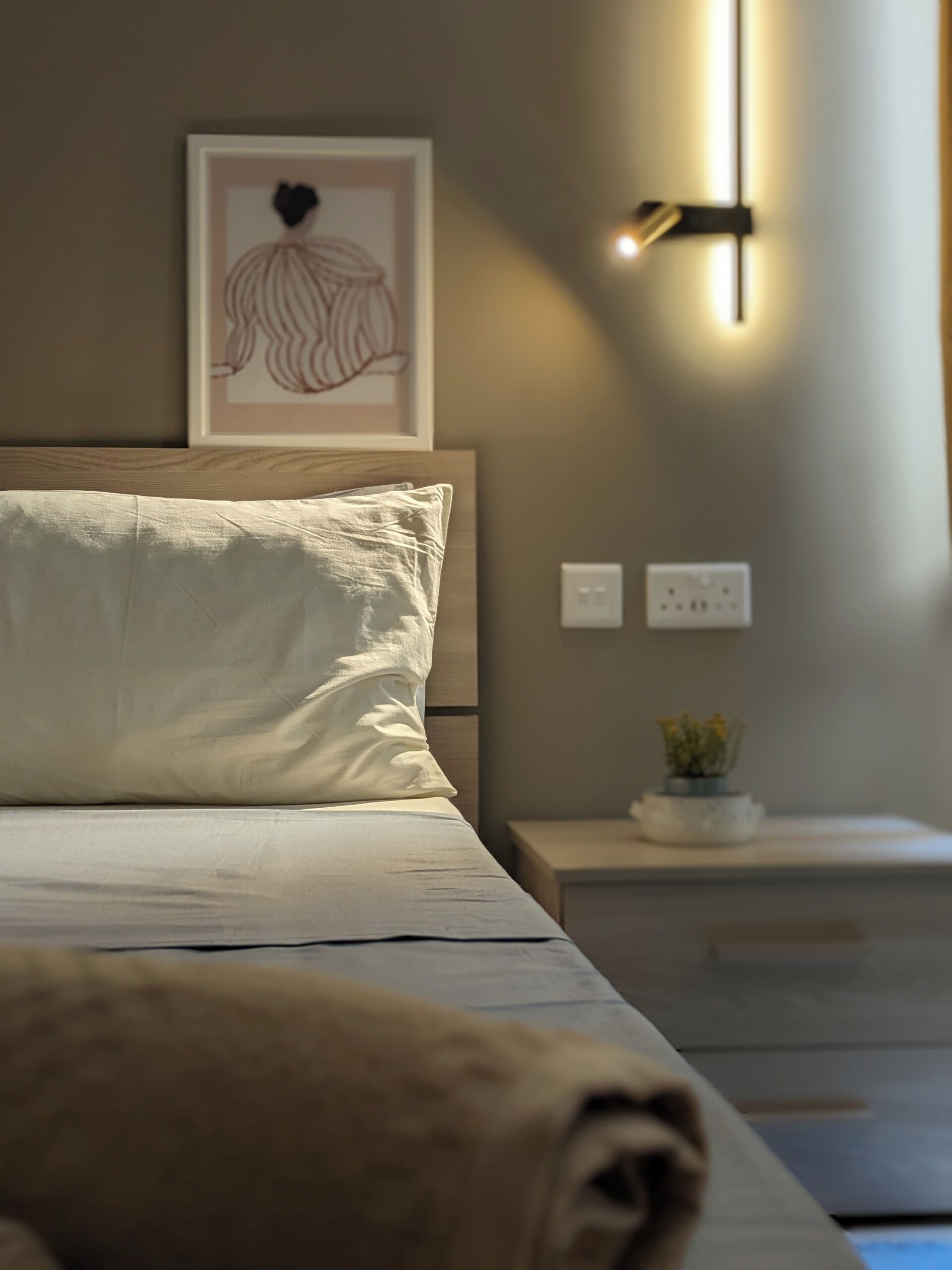 A neatly made bed with a white pillow and a rolled blanket in a modern bedroom with a headboard, a wall-mounted light, and a small potted plant on a bedside table.