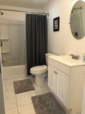 Secadora de cabello, toallas, jabón, papel de baño 