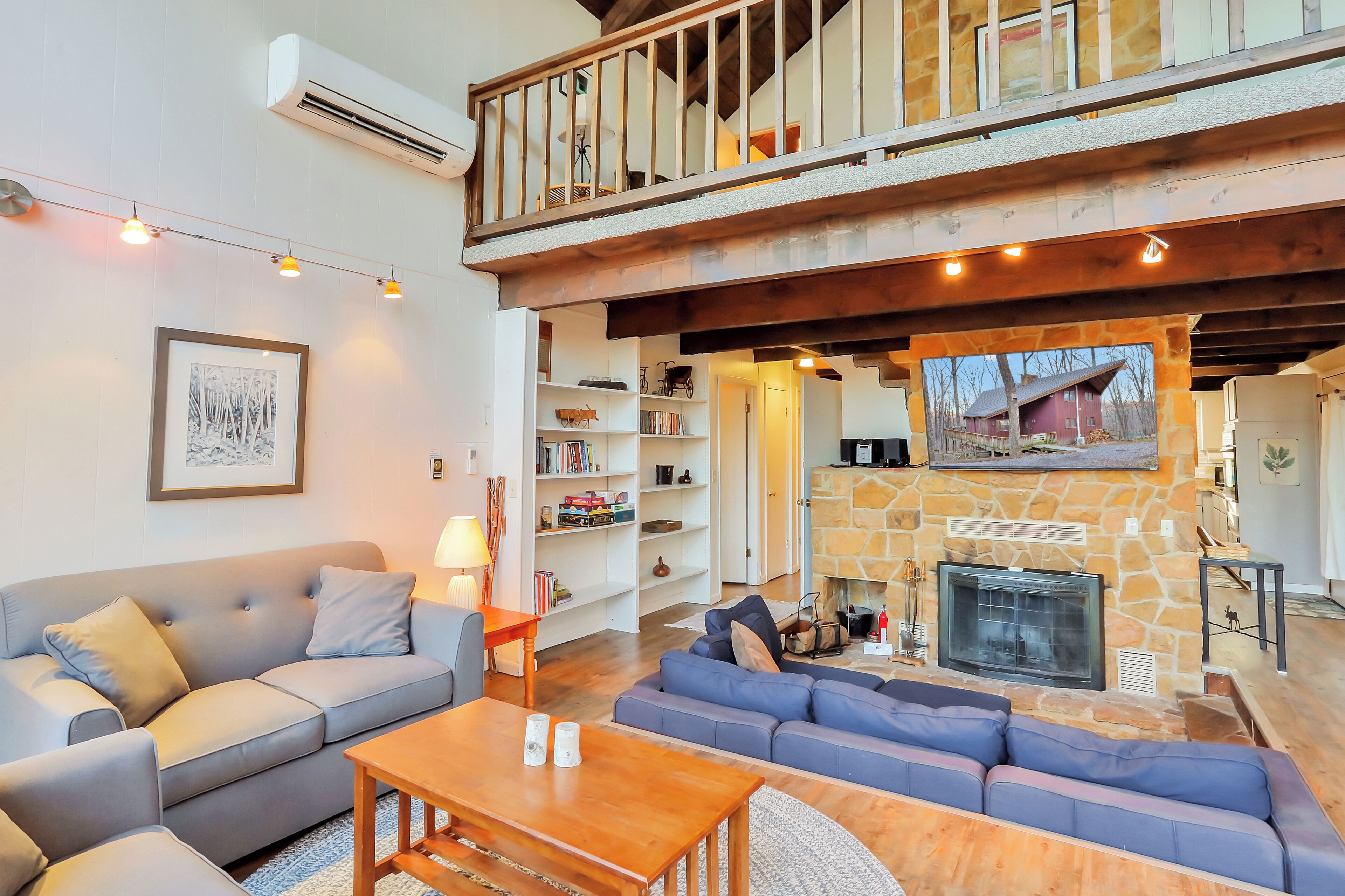 Smart TV, fireplace, DVD player, foosball