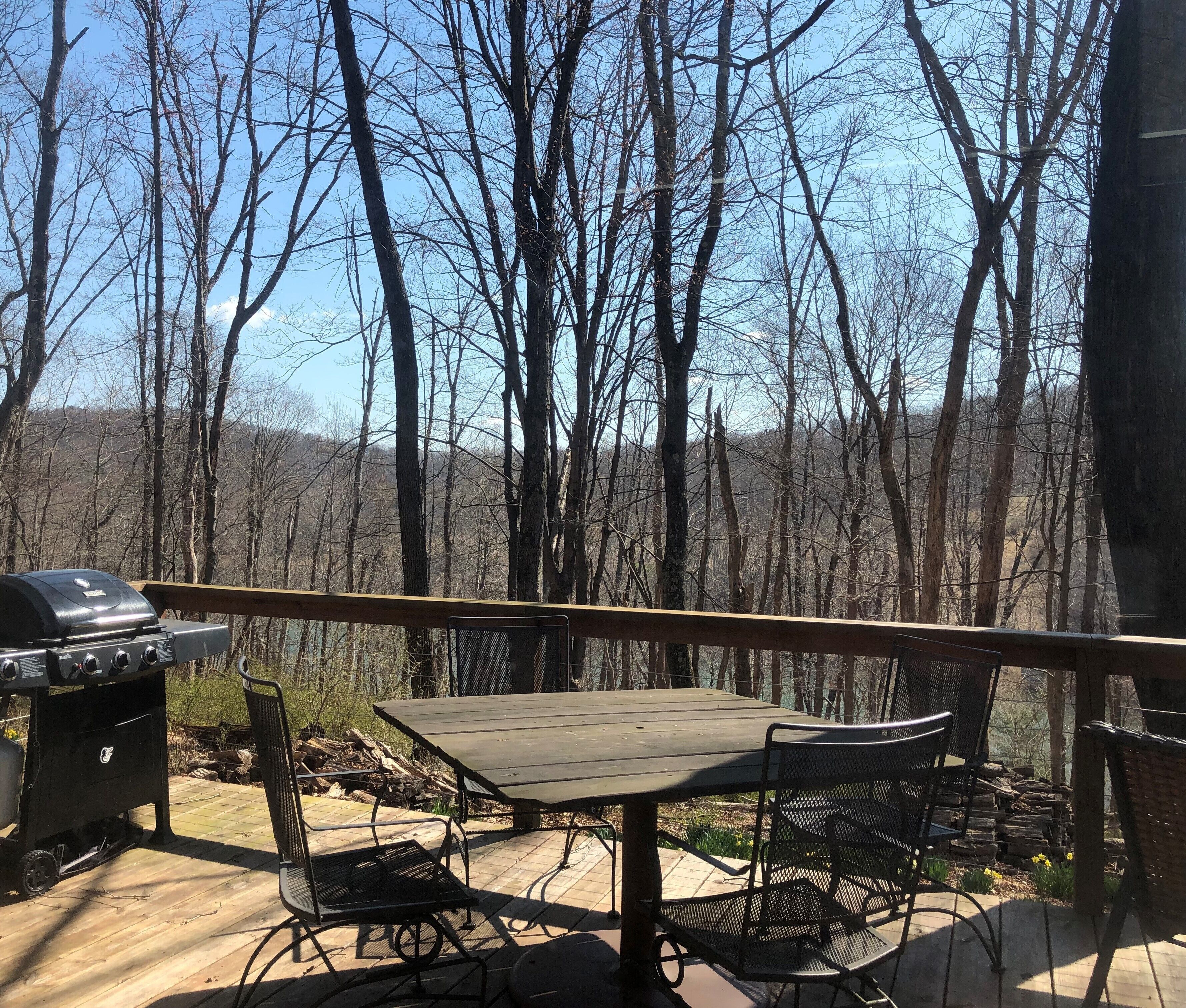 A deck with a table and chairs, a grill, and a view of a forested area.