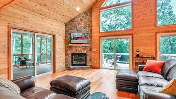 Smart TV, fireplace, DVD player, books