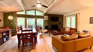 Télévision, cheminée, livres, espaces bureaux