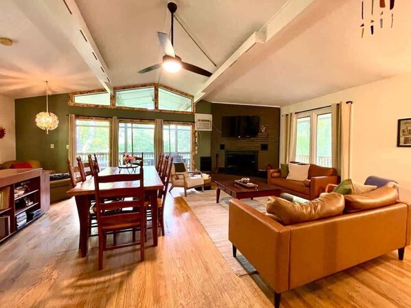 Télévision, cheminée, livres, espaces bureaux