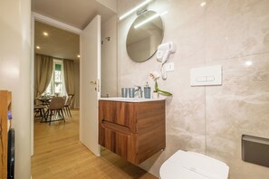Shower, hair dryer, bidet, towels