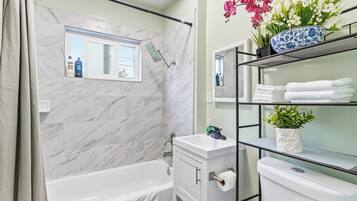 Hair dryer, towels, toilet paper