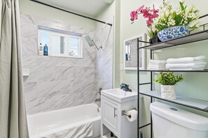 Hair dryer, towels, toilet paper