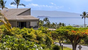 A house with a covered porch, surrounded by lush greenery and a view of the ocean.