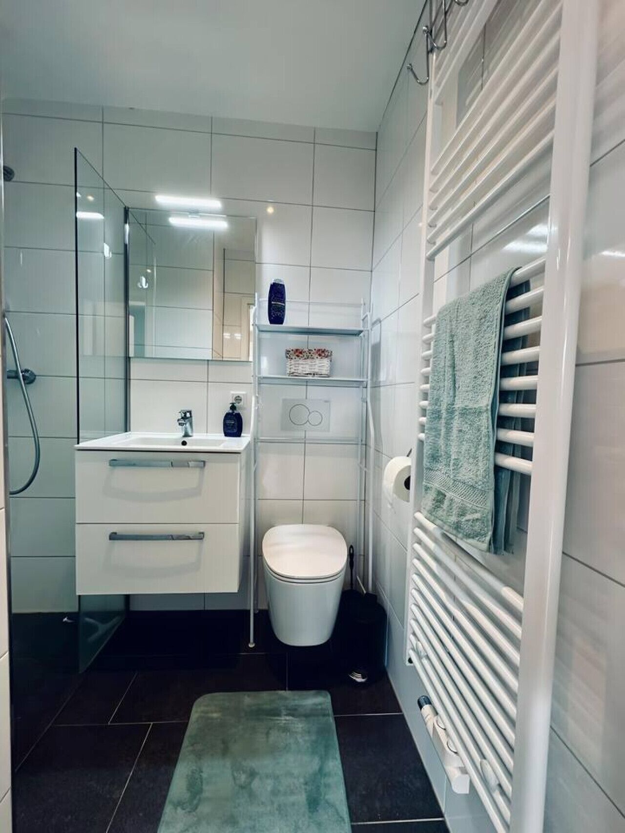 Ein modernes Badezimmer mit Duschkabine aus Glas, einem weißen Waschbecken mit Spiegel, einer Toilette und einem Handtuchhalter.