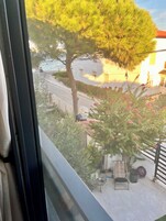 Vista desde una ventana de una zona residencial con un árbol, un pequeño jardín y un edificio de techo rojo.