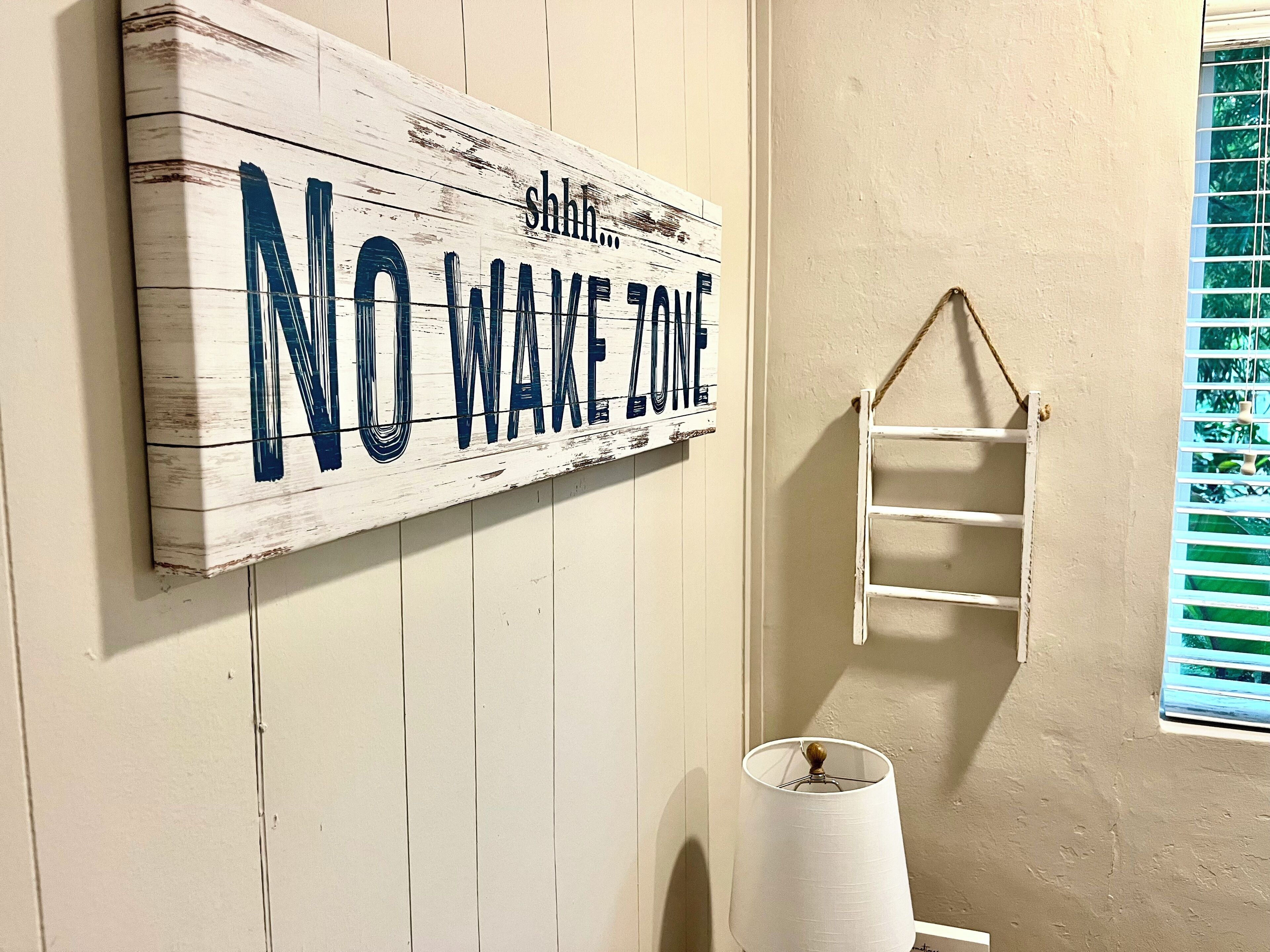 A rustic wall with a 'NO WAKE ZONE' sign and a white ladder.