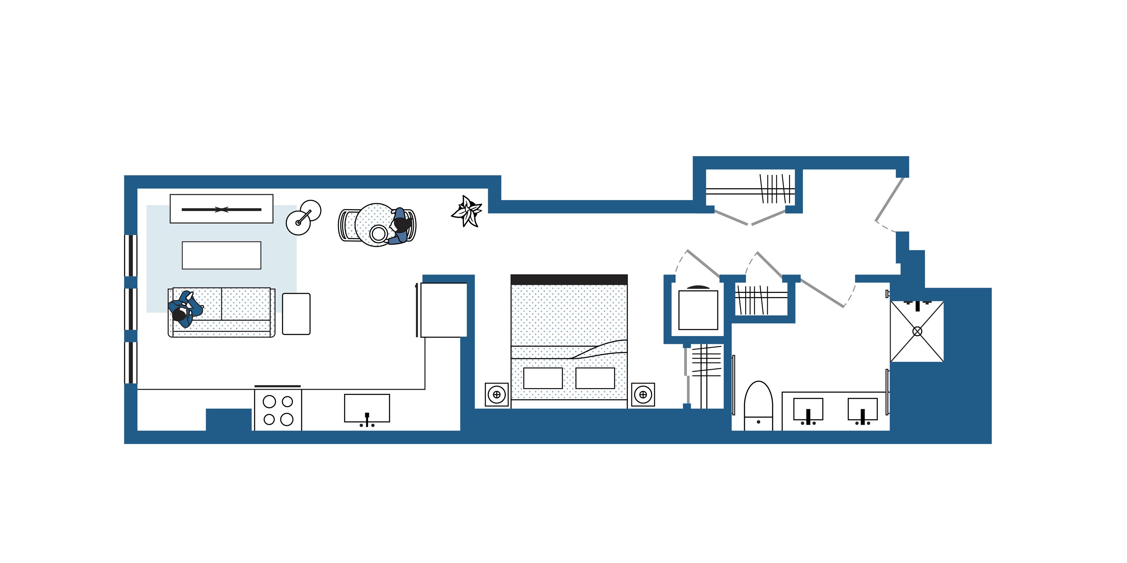 Ein Grundriss eines Hotelzimmers mit einer Küchenzeile, einem Wohnbereich mit Sofa und Couchtisch, einem Badezimmer und einem Schlafzimmer.